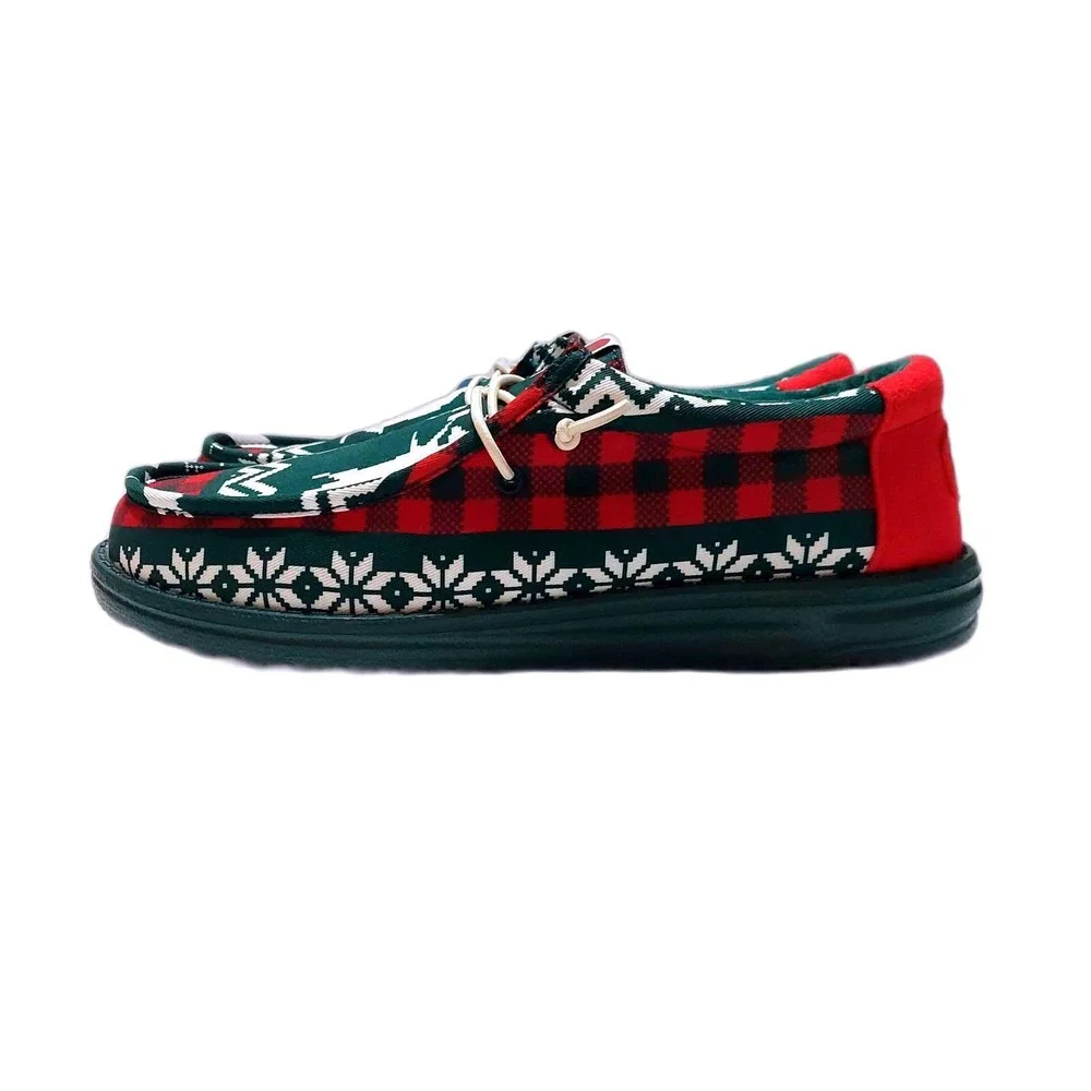 NEW Hey Dude Wally Holiday‎ Cheers Moccasin Shoes Men US 8 Green Plaid Reindeer